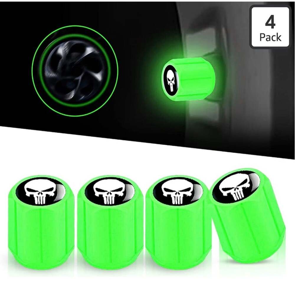 Ajxn 4 PCS Car Tire Valve Stem Caps Skull Print Luminous Green